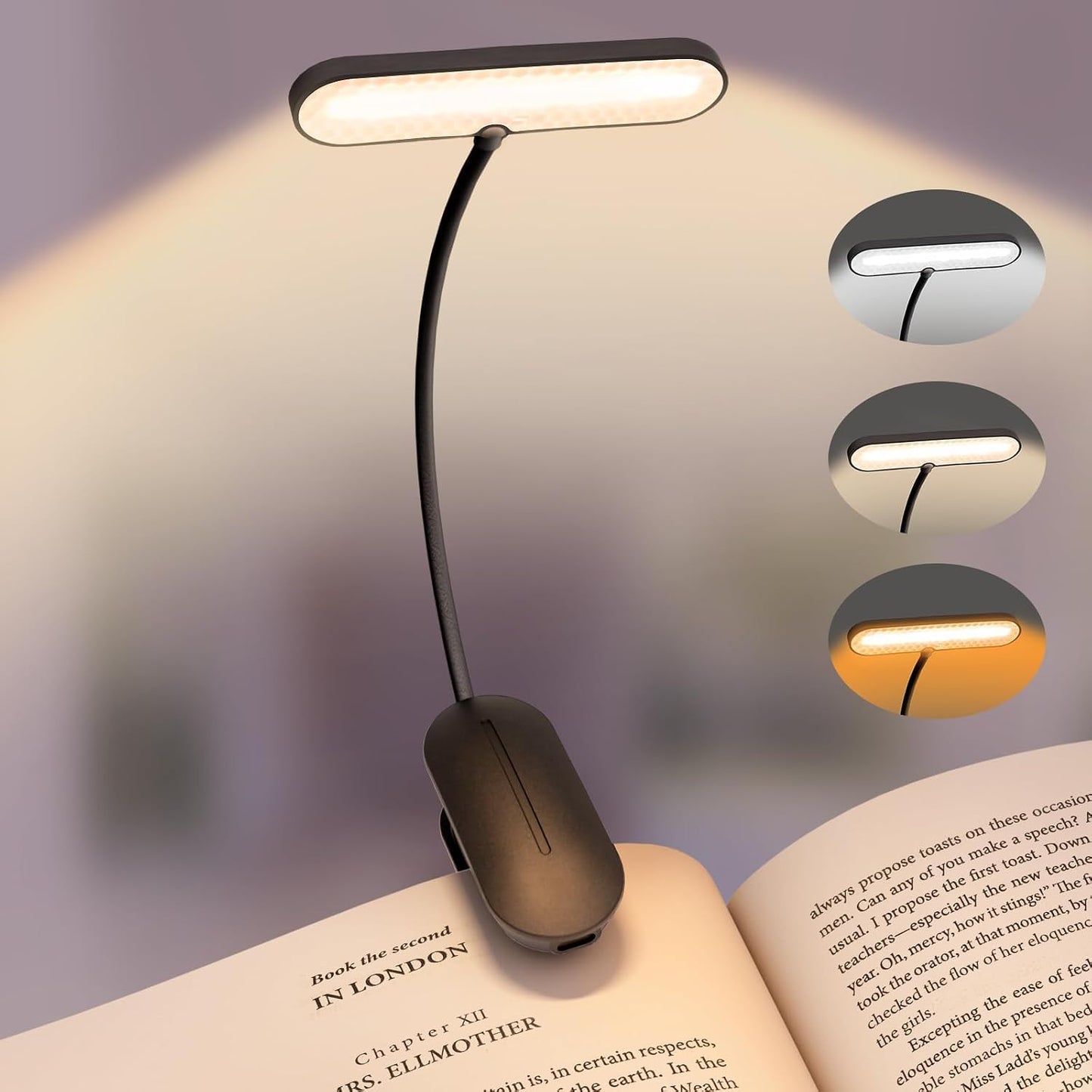 Clip-On Book Light for Reading at Night - Rechargeable 14 LEDs with 3 Color Modes & Stepless Dimming, Eye-Care USB-C Charging, 70-Hours, 360° Flexible Gooseneck - Perfect for Books, Bedtime Reading