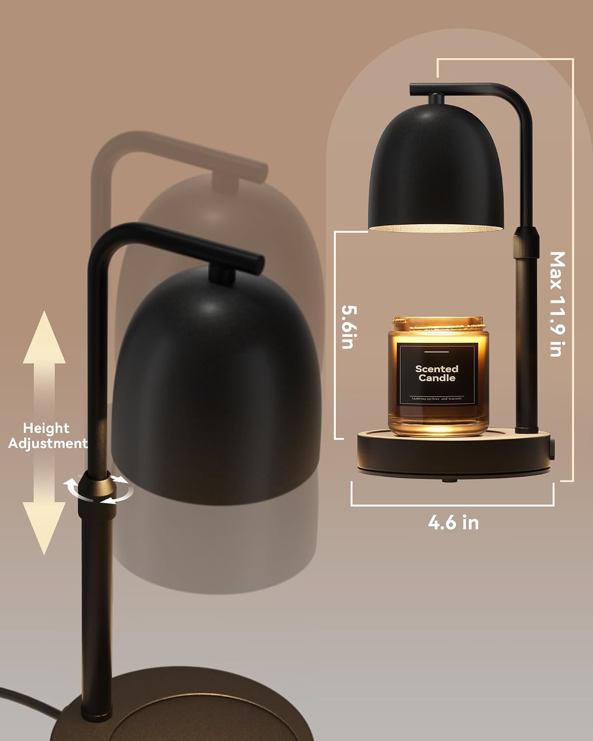 Candle Warmer Lamp with Timer Dimmable, Adjustable Height Black Candle Warmer for Jar Candles, Birthday Gifts for Women & Men, Office Decor, House Warming Gift, Wax Melt Warmer with 2 Bulbs