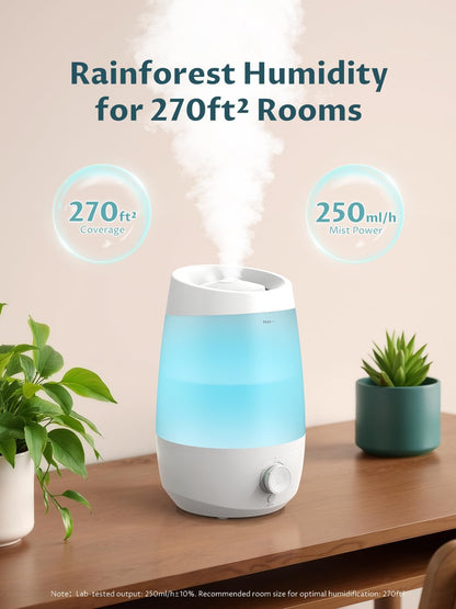 BREEZOME 2.5L Top Fill Humidifiers for Bedroom, 250ml/h Mist Output, 25hrs Humidifiers for Home, 7 Adjustable LED, Essential Oil Diffuser, 25dB Ultrasonic Humidifier for Baby and Indoor Plants, White | Ultrasonic Humidifiers for Home with 7 Adjustable