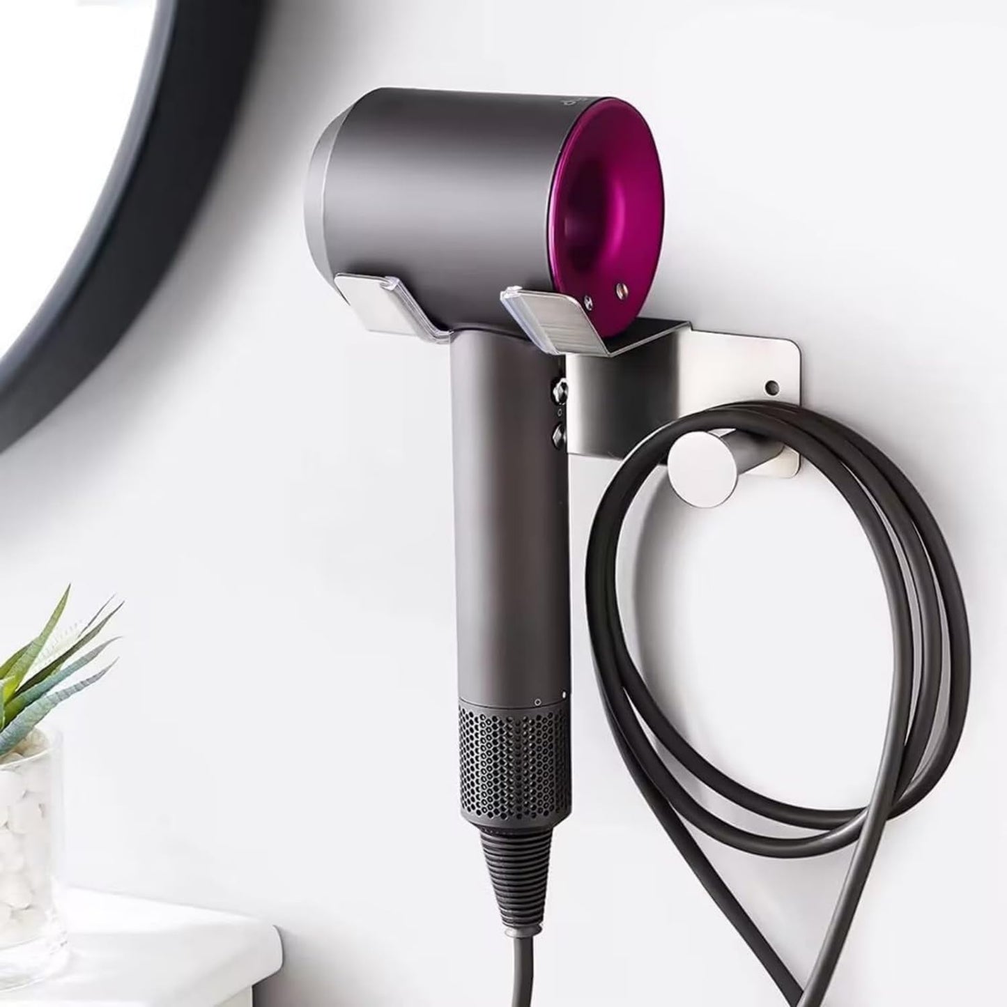 Hair Dryer Holder Wall Mounted, Stainless Steel Blow Dryer Holder for Bathroom, Hair Dryer and Straightener Holder Adhesive or Drilling, Hair Tool Organizer for Salon Barber Shops Banjekt
