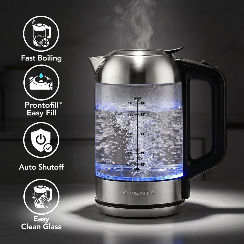 OVENTE 1.8L Glass Electric Kettle Water Boiler, Silver KG751S | 1500W Fast Boiling, Easy Fill Lid, Borosilicate Glass, BPA-Free, Blue LED, Auto Shut-Off, Boil-Dry Protection, Cordless