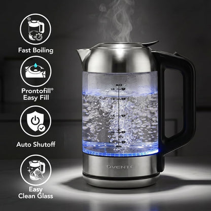 OVENTE 1.8L Glass Electric Kettle Water Boiler, Silver KG751S | 1500W Fast Boiling, Easy Fill Lid, Borosilicate Glass, BPA-Free, Blue LED, Auto Shut-Off, Boil-Dry Protection, Cordless