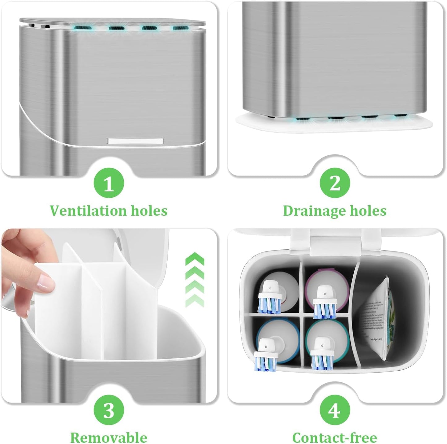 GFWARE Electric Toothbrush Holder with Cover, Ventilated & Drainage, Silver | Detachable 5 Slots Bathroom Organizer for Toothbrush & Toothpaste, Waterproof & Dustproof, Electric Toothbrushes Under 10 In