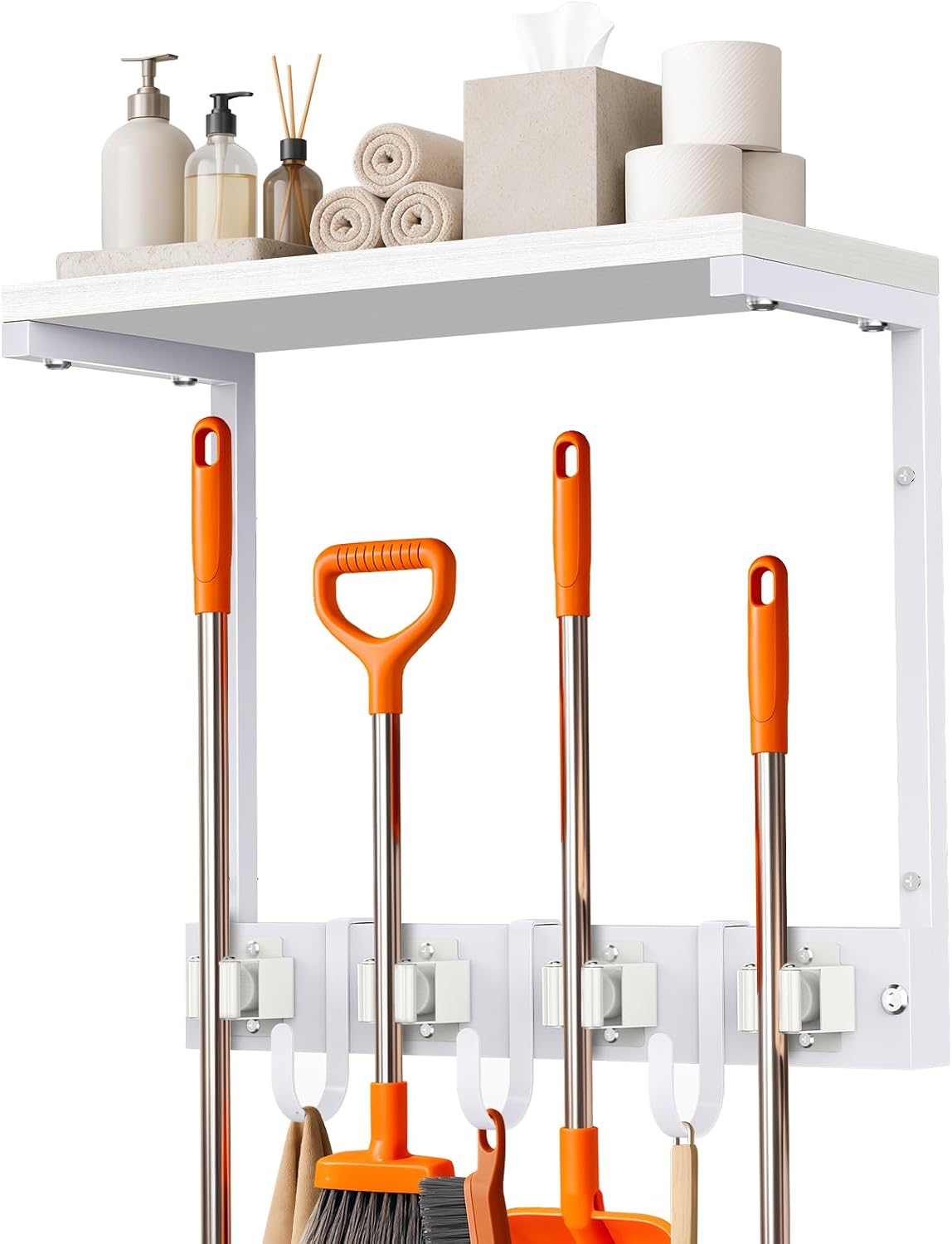 Large Broom Holder Wall Mount with Shelf, Vacuum Organizer, 5 Slots 5 Hooks | Black, 3-In-1 Wall Mount Stores Brooms/Mops/Vacuum, Cleaning Supplies With 5 Grippers/5 Hooks And A Sturdy Wooden Top Shelf