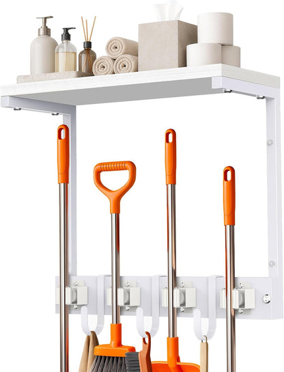 Large Broom Holder Wall Mount with Shelf, Vacuum Organizer, 5 Slots 5 Hooks | Black, 3-In-1 Wall Mount Stores Brooms/Mops/Vacuum, Cleaning Supplies With 5 Grippers/5 Hooks And A Sturdy Wooden Top Shelf