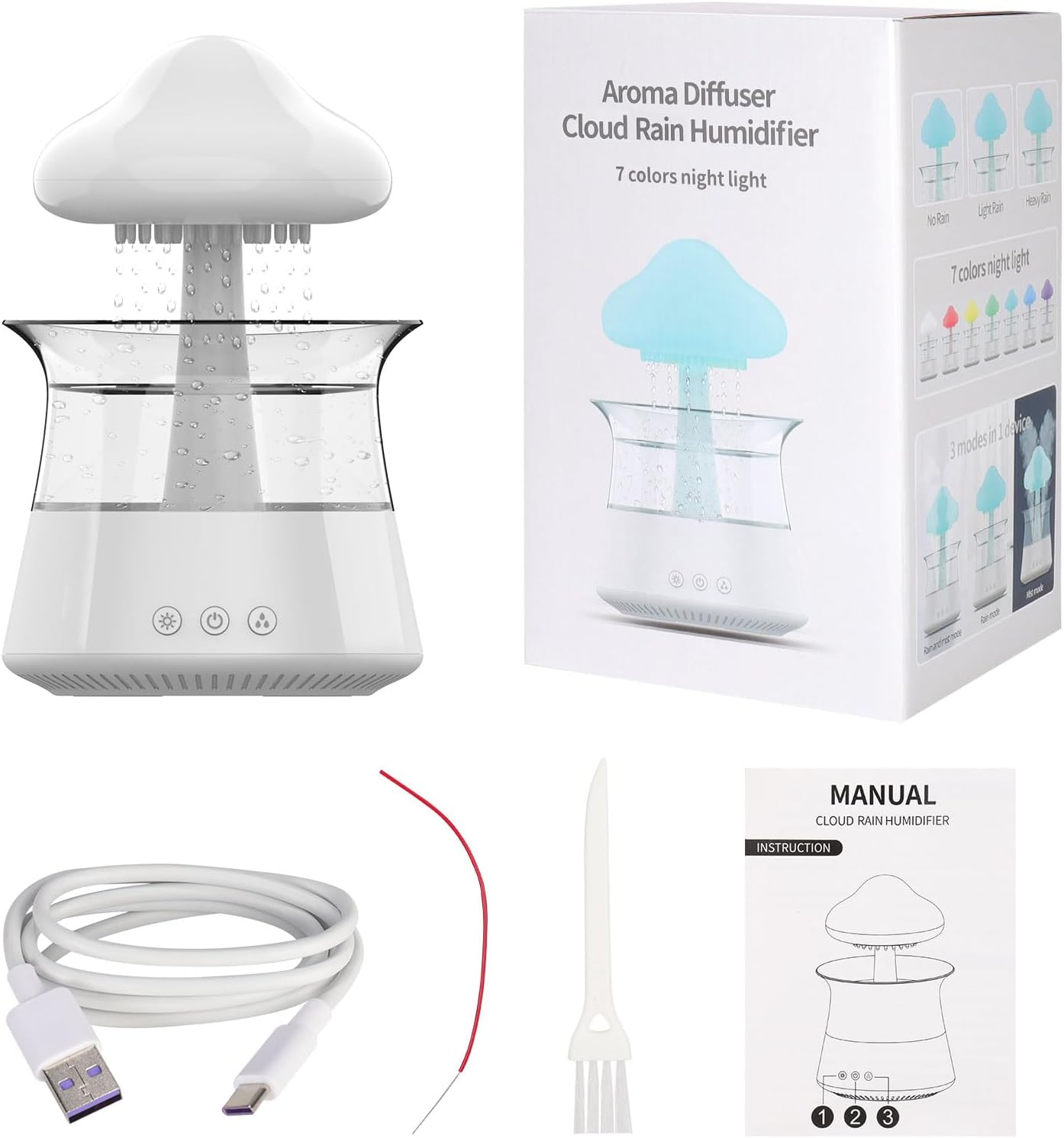 cjc Cloud Rain Humidifier for bedroom with Soothing Rain Sounds Sleep Aid, Waterfall Night Light, Mushroom Design Air Moisturizer，Room Decor Aesthetic for living room (White)