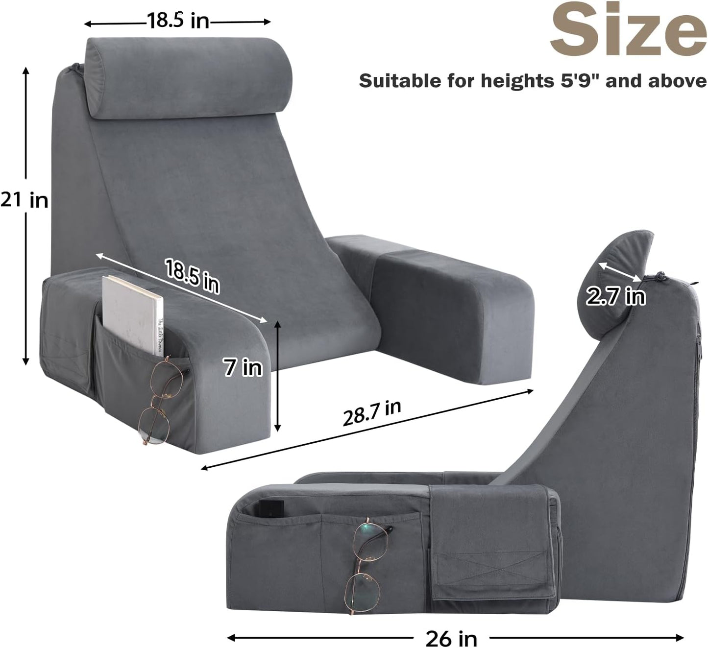 ENITYA 19" Reading Pillow for Bed with Firm Back Support & Big Pockets | Back Pillow for Bed Sitting Up/Watching TV/Nursing/Recovery/Gaming,High Density Foam,Machine Washable Cover,Light Grey