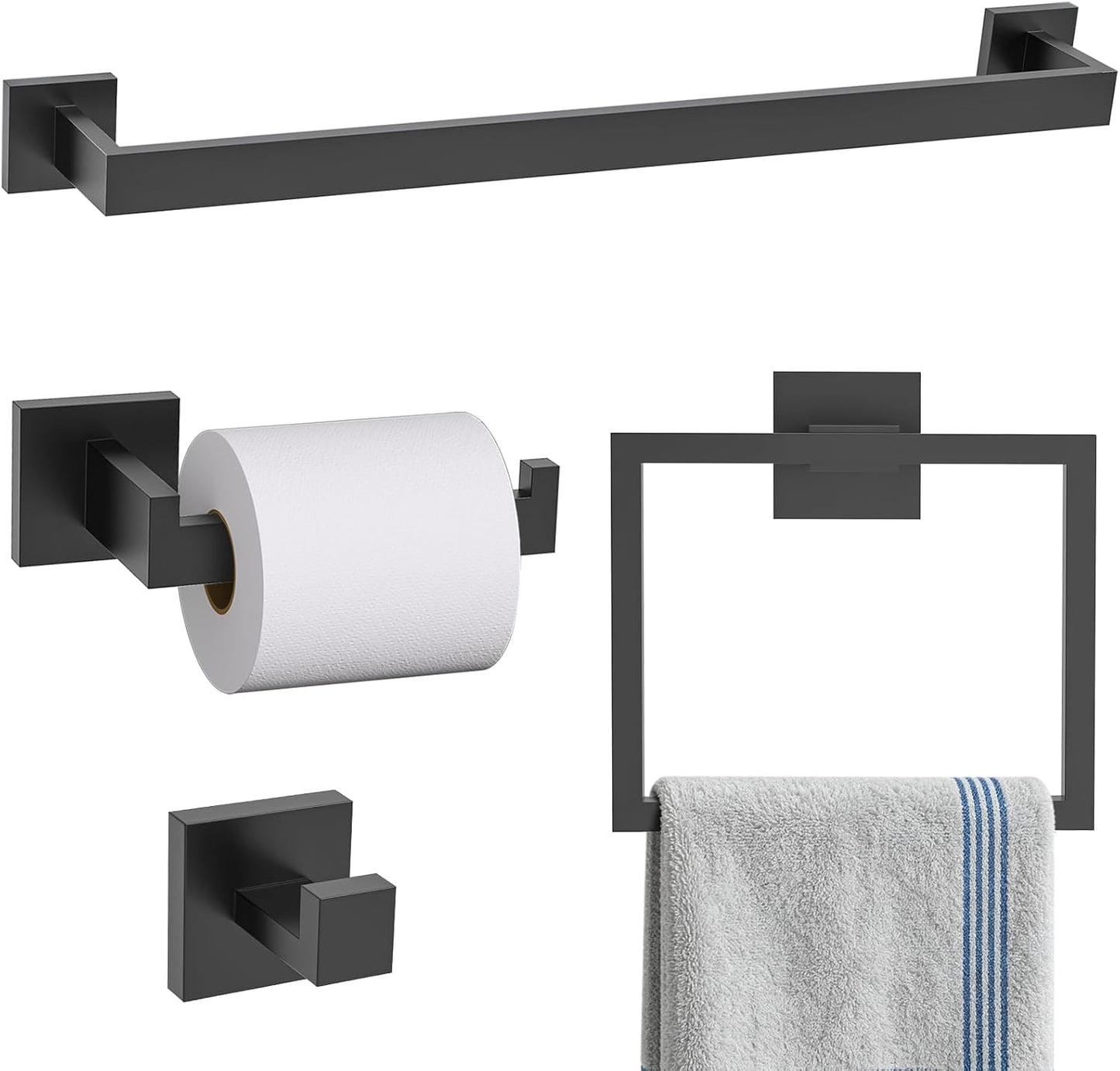 TURS Bathroom Hardware Set Black 4-Piece Towel Bar Set Include 24 Inch Towel Bar Hand Towel Holder Towel Hook Toilet Paper Holder with Shelf Wall Mounted Stainless Steel Bathroom Accessories Set