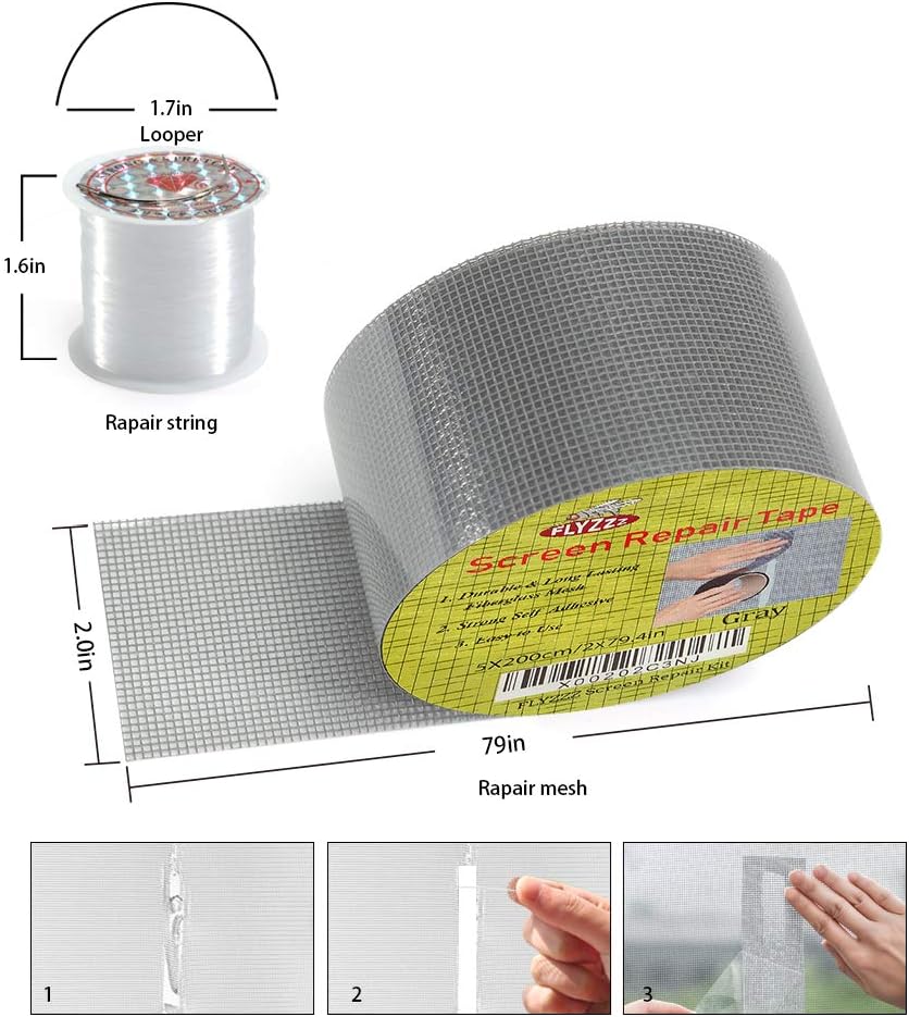 FLYZZZ Window Screen Repair Kit Tape, 79.4 in Waterproof Screen Repair Tape, 3-Layer Strong Adhesive Window Screen Doors Repair Patch Tape Suitable for Covering Holes&Tears Instantly