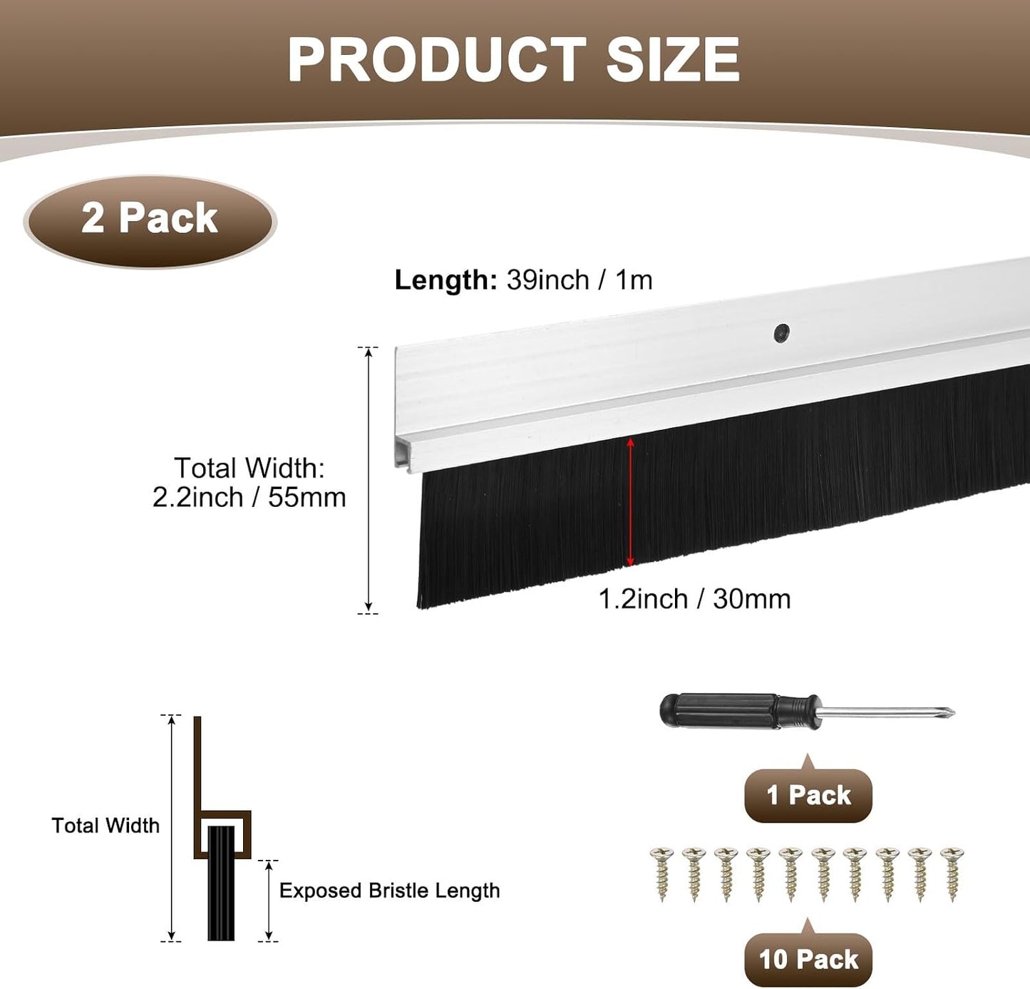M METERXITY 2-Pack Door Brush Bottom Sweep, 39" L x 2.6" W H-Shape Aluminum Alloy Base with 1.6" Nylon Brush for Industrial/Home/Garage Door Seal, Strong Adhesive Weather Stripping Kit[Silver]