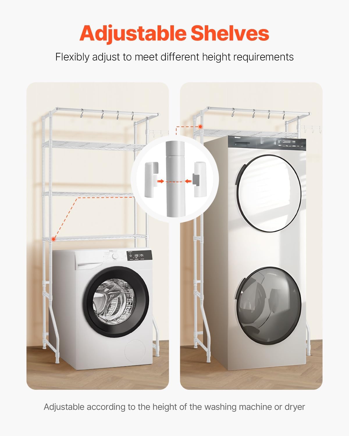 VEVOR Over The Washer and Dryer Storage Shelf, 3 Tier Laundry Room Drying Rack with Hanger Rod and Hooks, Adjustable Over Washer and Dryer Shelves, Laundry Room Shelf Storage Space Saver, White