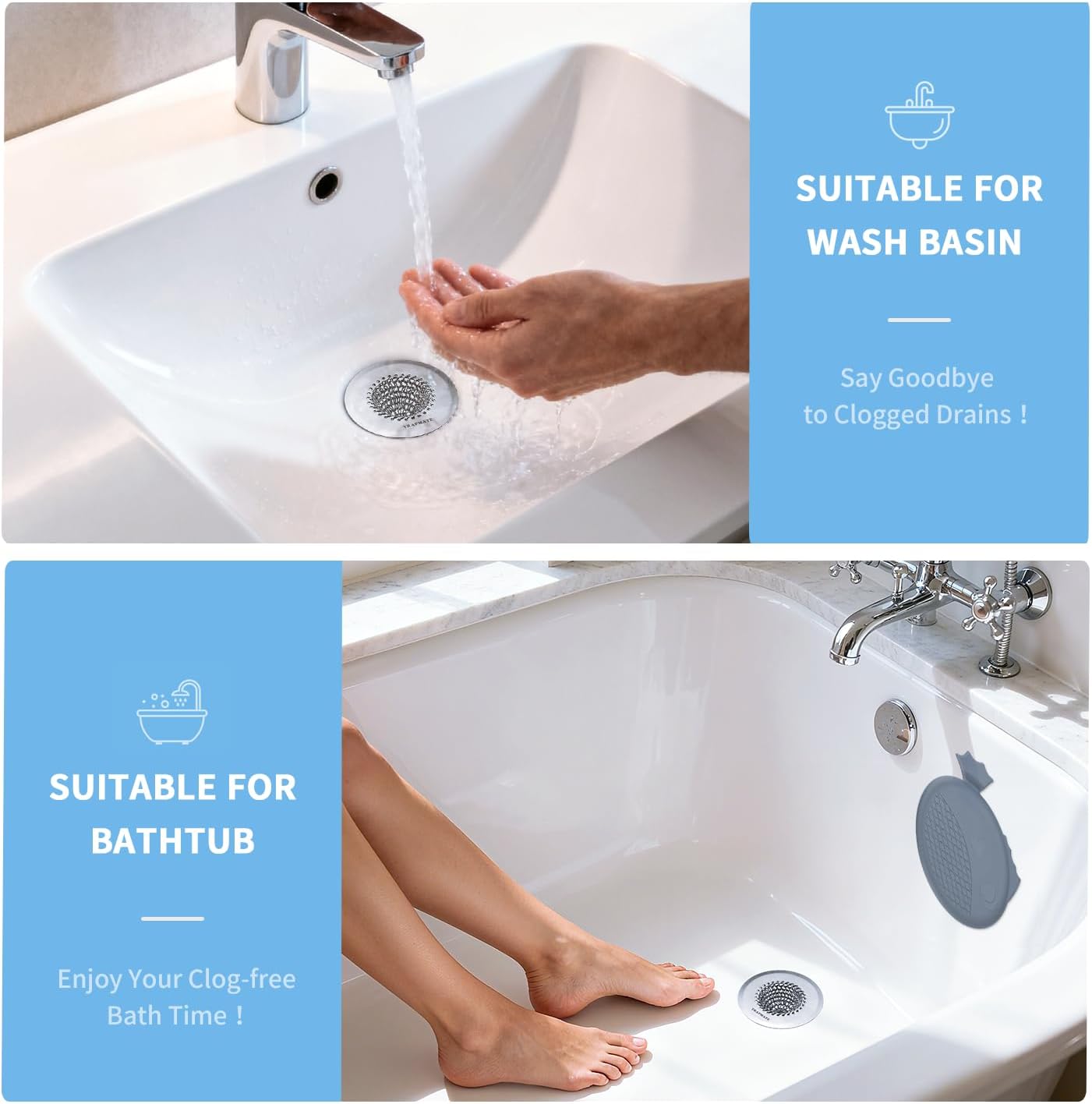 TRAPMATE Shower Drain Hair Catcher, 2.8" Bathtub Stopper Drain Strainer Kit | Easy Clean, Anti-Clogging, Fast Drainage, Anti-Slip, Reversible, No Rust, For Bathtub & Shower Drains, Small Size, Patented