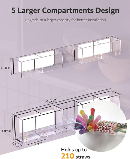Upgraded 9.5'' Large Acrylic Straw Holder for Cabinet Door, Adjustable Space-Saving Straw Organizer Storage Dispenser for Cabinet with Ultra Sticky Adhesive Strips, 2-Part Rack, Drainage Holes