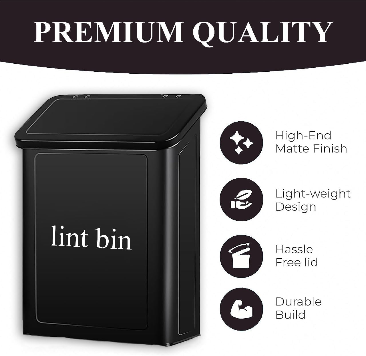 Magnetic Lint Bin with Lint Brush, two white hooks, one black back hook & all accessories for Laundry Room decor, Wall-Mounted Lint Bin with Lid, Powder Coated, Space-Saving Trash Can (Black)