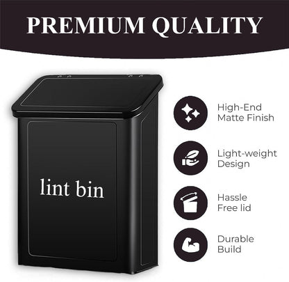 Magnetic Lint Bin with Lint Brush, two white hooks, one black back hook & all accessories for Laundry Room decor, Wall-Mounted Lint Bin with Lid, Powder Coated, Space-Saving Trash Can (Black)