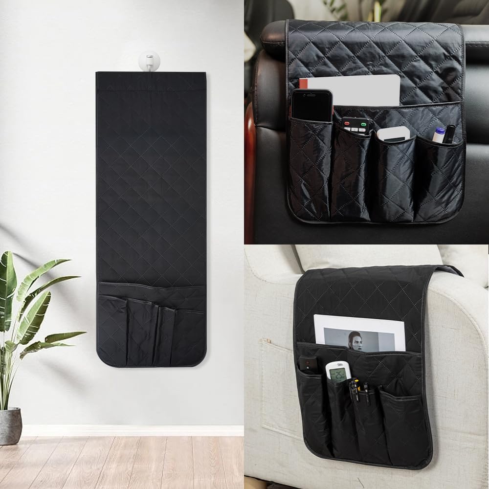RETON Sofa Armrest Organizer with 5 Pockets, Non Slip Remote Control Caddy with 8 Pieces of Hook and Loop Fasteners, Armchair Caddy Holder Storage for Magazine Recliner Book TV Phone (Black)