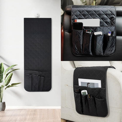 RETON Sofa Armrest Organizer with 5 Pockets, Non Slip Remote Control Caddy with 8 Pieces of Hook and Loop Fasteners, Armchair Caddy Holder Storage for Magazine Recliner Book TV Phone (Black)