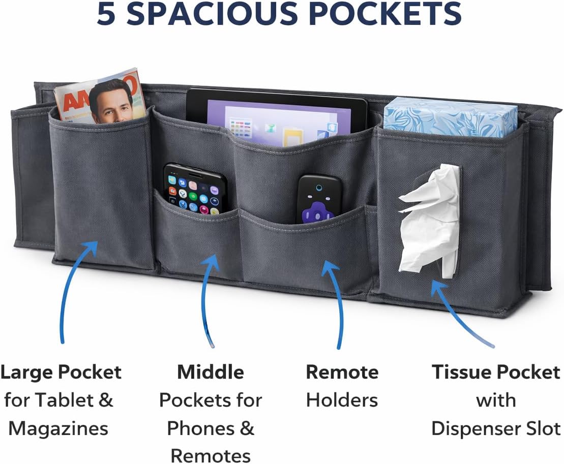 Dependable Industries inc. Essentials Bedside Caddy Organizer 5 Pocket Hanging Bed Storage Pouch for Couch Dorm Bunk Bed Platform Bed, Remote Phone Tablet Tissue Holder, Oxford Fabric, Gray
