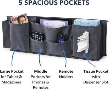 Dependable Industries inc. Essentials Bedside Caddy Organizer 5 Pocket Hanging Bed Storage Pouch for Couch Dorm Bunk Bed Platform Bed, Remote Phone Tablet Tissue Holder, Oxford Fabric, Gray