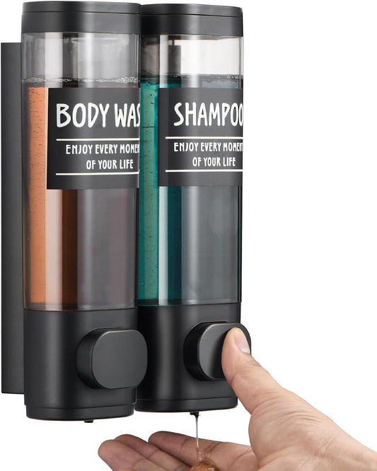 Shampoo and Conditioner Dispenser,GlintGath Shower Dispenser 2 Chamber No Drill Shampoo Dispenser for Shower Wall Mounted Shower Soap Dispenser for Bathroom Hotel,2 * 300ML,Matte Black