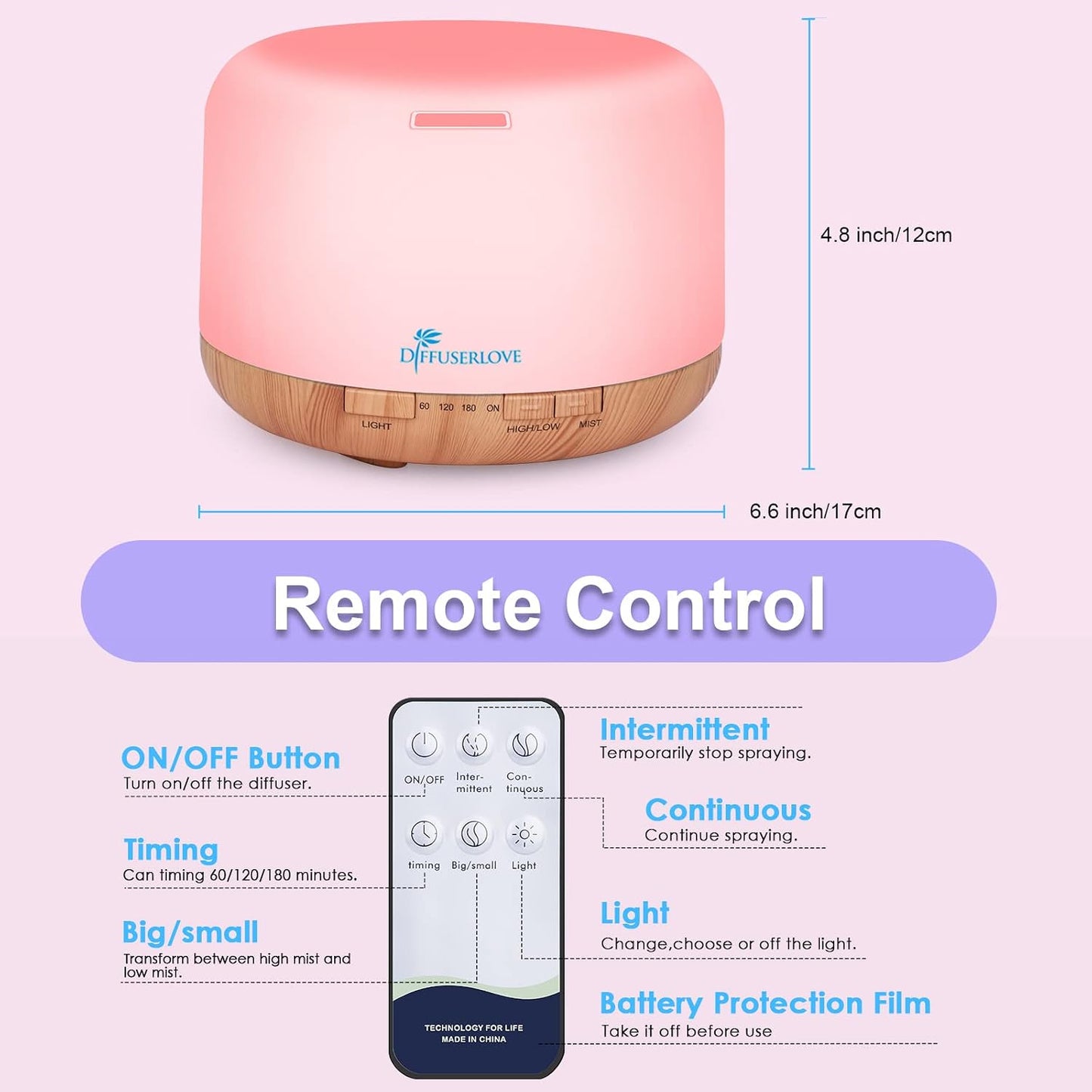 Diffuserlove Essential Oil Diffuser 500ML Aromatherapy Diffuser Mist Humidifiers 7 Color LED Lights Diffusers for Home Office Bedroom (Size:6.7" L x 6.7" W x 4.7" H)