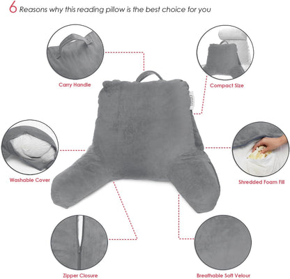 Nestl Reading Pillow with Shredded Memory Foam, Designed for Sitting Up in Bed and Couch, Back and Arms Adjustable Support for Adult & Teens Backrest Pillows for Reading, with Washable Cover Dark Grey