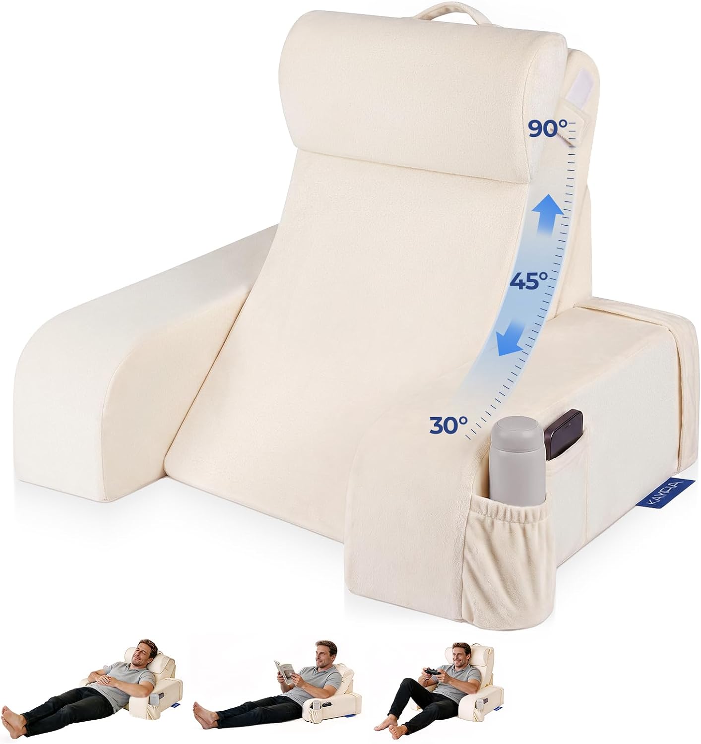 Kayfia Reading Pillow, 30-90° Stepless Adjust Angle & Height, Large, Grey | 2 in 1 Back Wedge Pillow for Bed Sitting up, Adjustable Headrest, Backrest Pillow for Reading/Gaming/Working in Bed or Couch