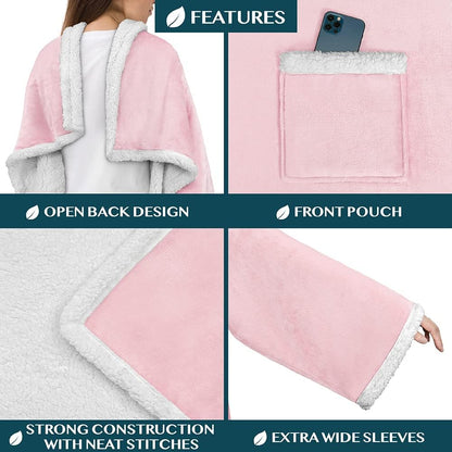 PAVILIA Wearable Blanket with Sleeves and Pocket for Women Men, Sherpa Trim