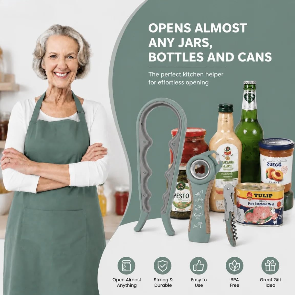 5-in-1 Non-Slip Opener Set, Can, Bottle & Wine Opener | Leverage design for easy open Comfortable grip handle Rust-proof steel Multi-purpose kitchen tool Compact storage