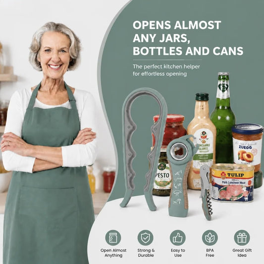 5-in-1 Non-Slip Opener Set, Can, Bottle & Wine Opener | Leverage design for easy open Comfortable grip handle Rust-proof steel Multi-purpose kitchen tool Compact storage