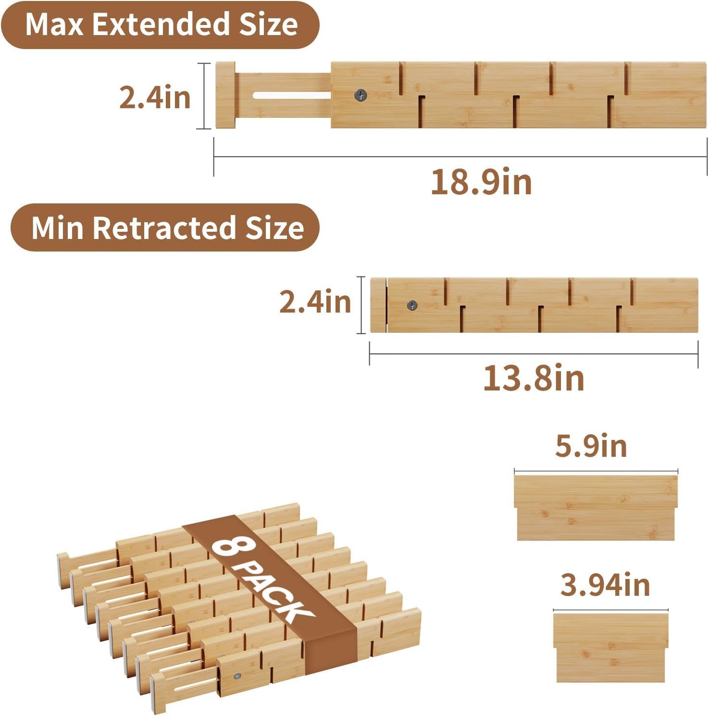 Bamboo Drawer Dividers 8 Pack with Inserts, Kitchen Adjustable Drawer Organizers for Home, Bedroom, Dresser, Expandable Organization 8 Dividers with 16 Inserts