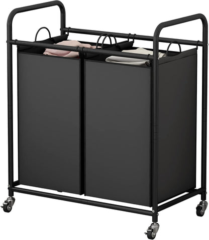 SUOERNUO Laundry Hamper with Lockable Wheels and 2 Removable Bags | Rolling Laundry Basket Laundry Sorter 2 section for Dirty Clothes in Laundry Room or Small Spaces, Grey+Beige