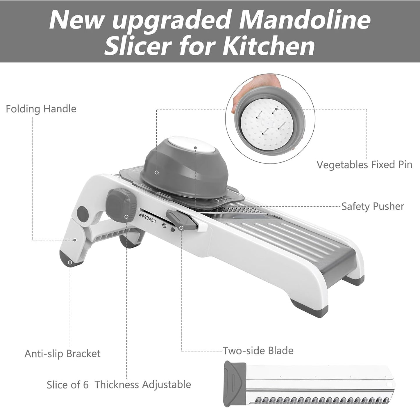 Mandoline Slicer for Kitchen, Adjustable Vegetable Potato Slicer | Stainless Steel Safe Mandolin Veggie Fruit Cutter with Food Holder, for Onion Cucumber Tomato Carrot, Grey