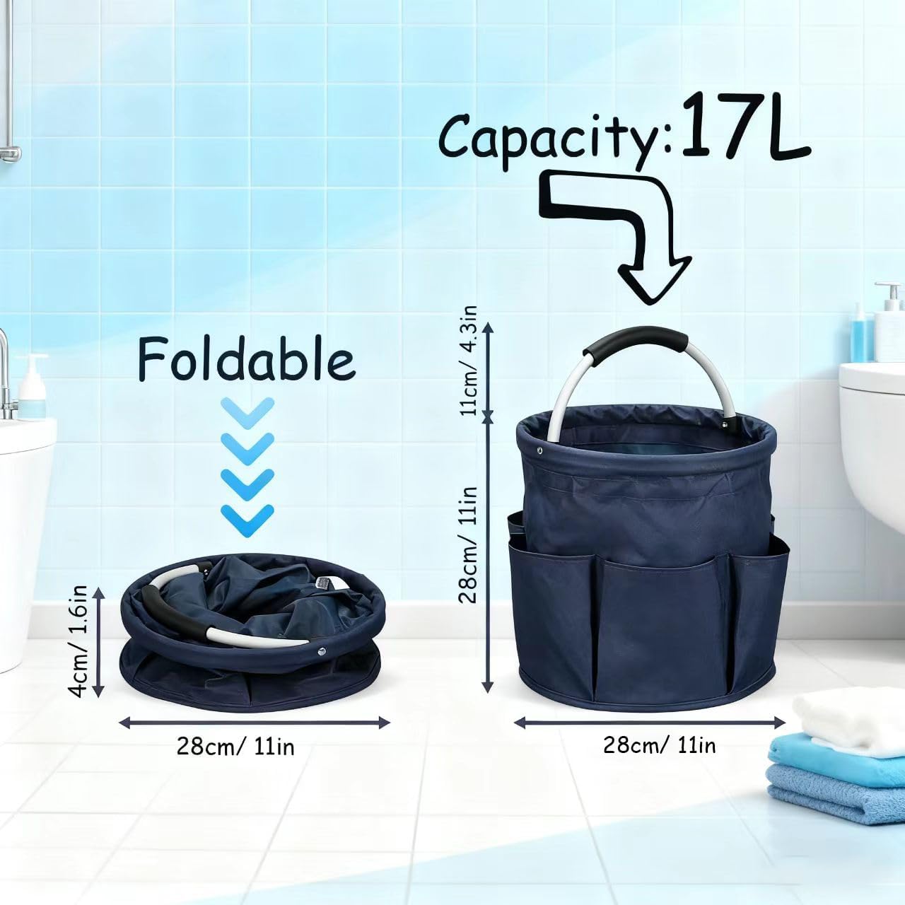 17L Cleaning Caddy with Handle, Portable Picnic Basket, Apple Picking Basket, Gift Basket, Collapsible Bathroom Storage Baskets for Dorm, Bathroom, Tool, Garden, Cleaning Supplies (Black)