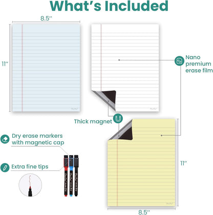 Magnetic Dry Erase Board – 8.5”x11” Reusable Lined Dry Erase List Board for Fridge 2 Pcs – Marker Included