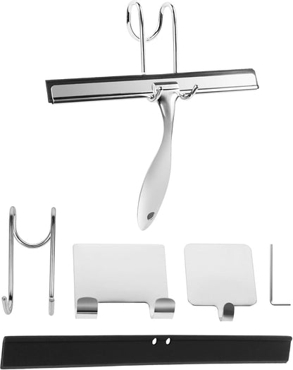 All-Purpose Stainless Steel Shower Squeegee Come with S Hook, 2 Square Sticky Hook 2 Rubber Strips Shower Squeegee for Glass Doors, Windows, Mirrors, Tiles and Car Glass -10 Inches Silver