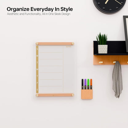 Yeoux Clear Glass Golden Weekly & Menu Dry Erase Calendar Board 15“x11 | Wall Mount, Non-Magnetic, Meal Planning & Grocery Shopping List Whiteboard for Kitchen & Home, 4 Markers