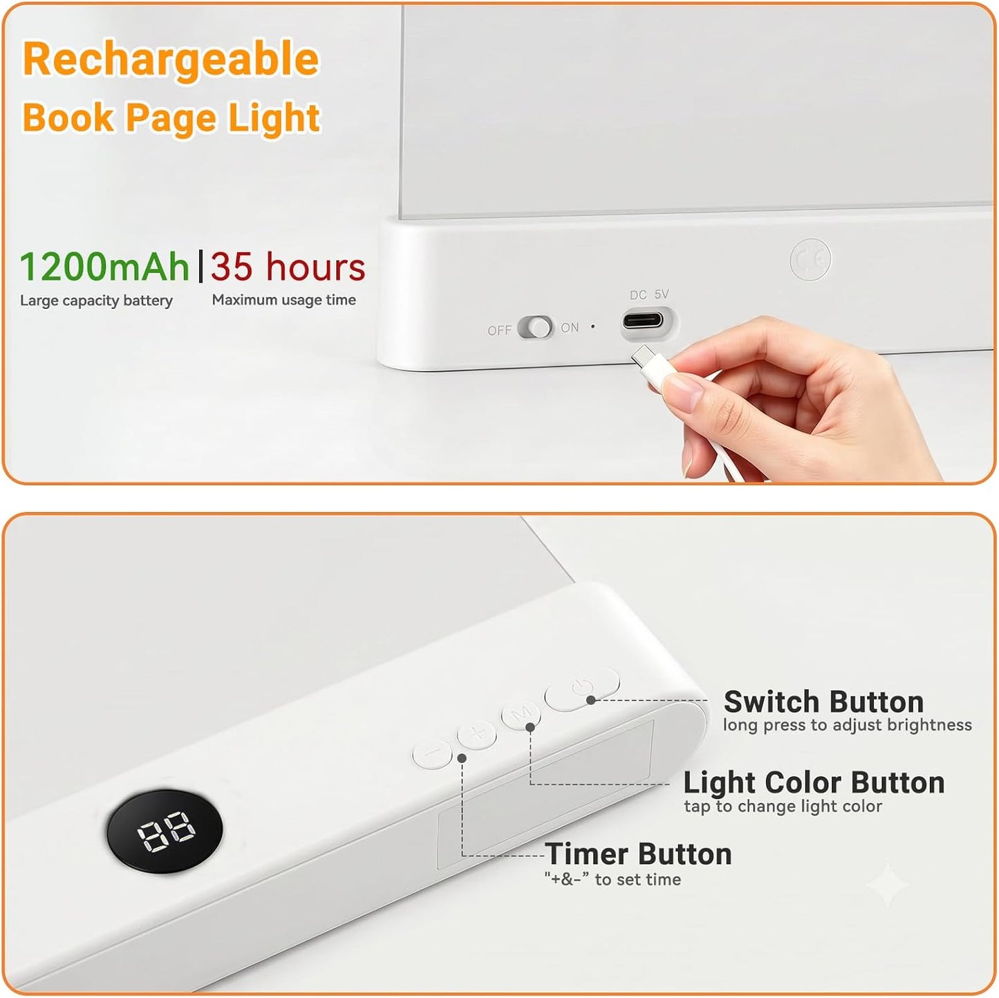 Amber Book Light, Rechargeable Clear LED Flat Reading Light with 3 Colors & Timer, Dimmable Panel Plate Lamp Book Full Page Light for Reading in Bed at Night, Funny Gifts for Readers Book Lovers