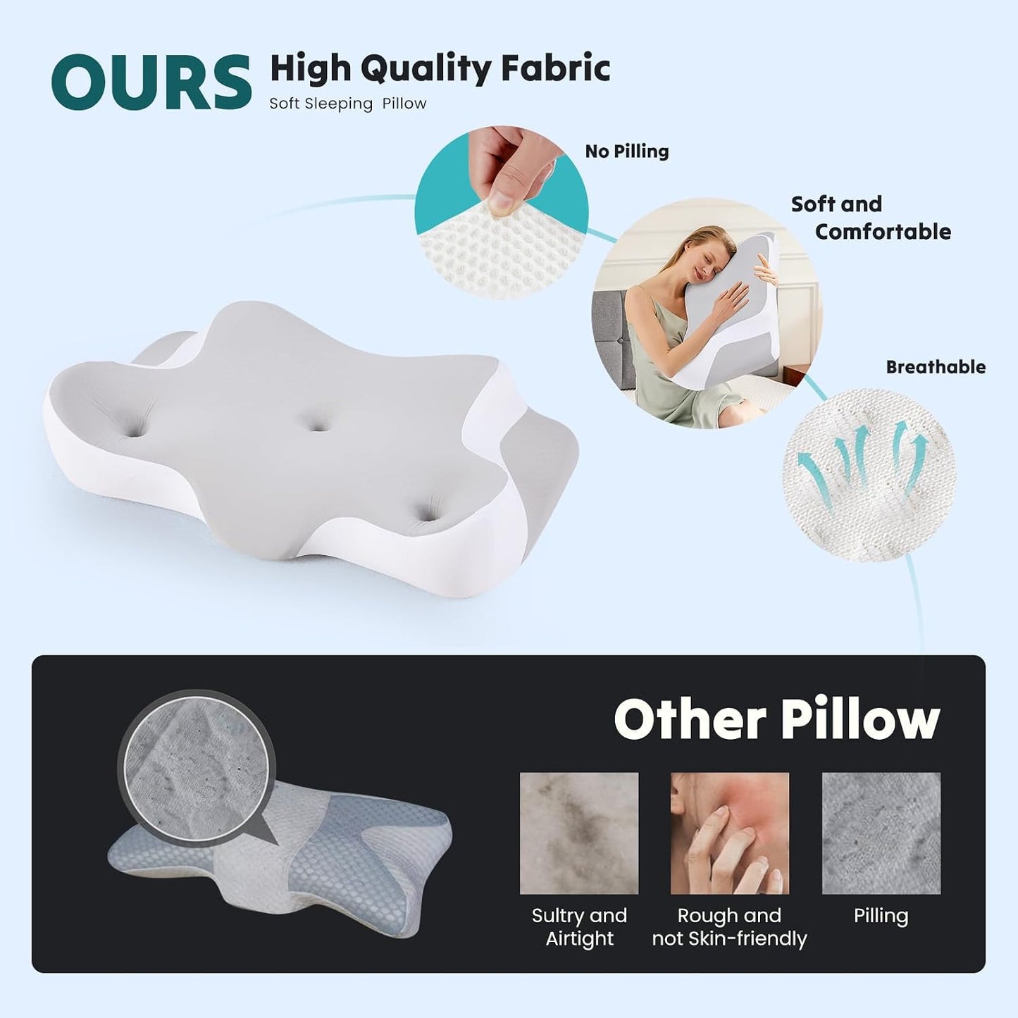 Sweetcrispy Cervical Pillow for Neck Pain, Ergonomic Contour Memory Foam Pillow with Detachable Roll Support, Cooling Breathable Cover for Side Back Stomach Sleepers