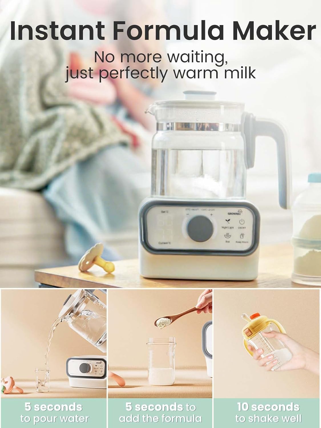 GROWNSY Baby Instant Warmer & Glass Water Boiler with LCD Display and Timer | Accurate Temperature Control for Formula, Coffee and Tea, 1.2 Liter Electric Kettle,Water Warmer for Baby Formula