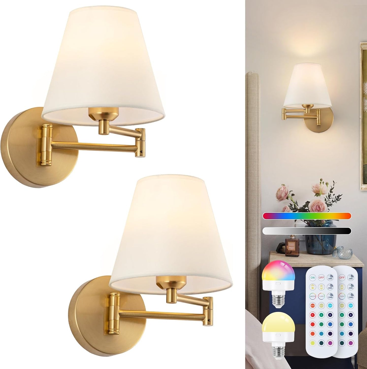 Cordless Battery Operated Wall Sconces Set of 2, Black Swing Arm Wall Sconce, Rechargeable Wall Mounted Reading Light Bedside Wall Lamp, Wireless Wall Sconce Fixtures for Bedside, Hallway, Study