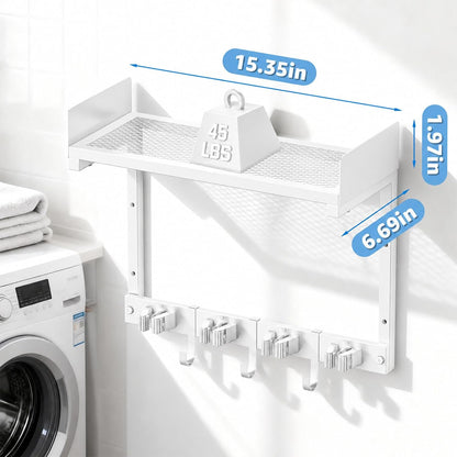 27" Mop and Broom Holder Wall Mount with Top Storage Shelf & Hooks,Black | Mop Hanger Wall Mount, 5 Grippers, 5 Hooks, Wall Organizer For Laundry Room, Garage And Kitchen