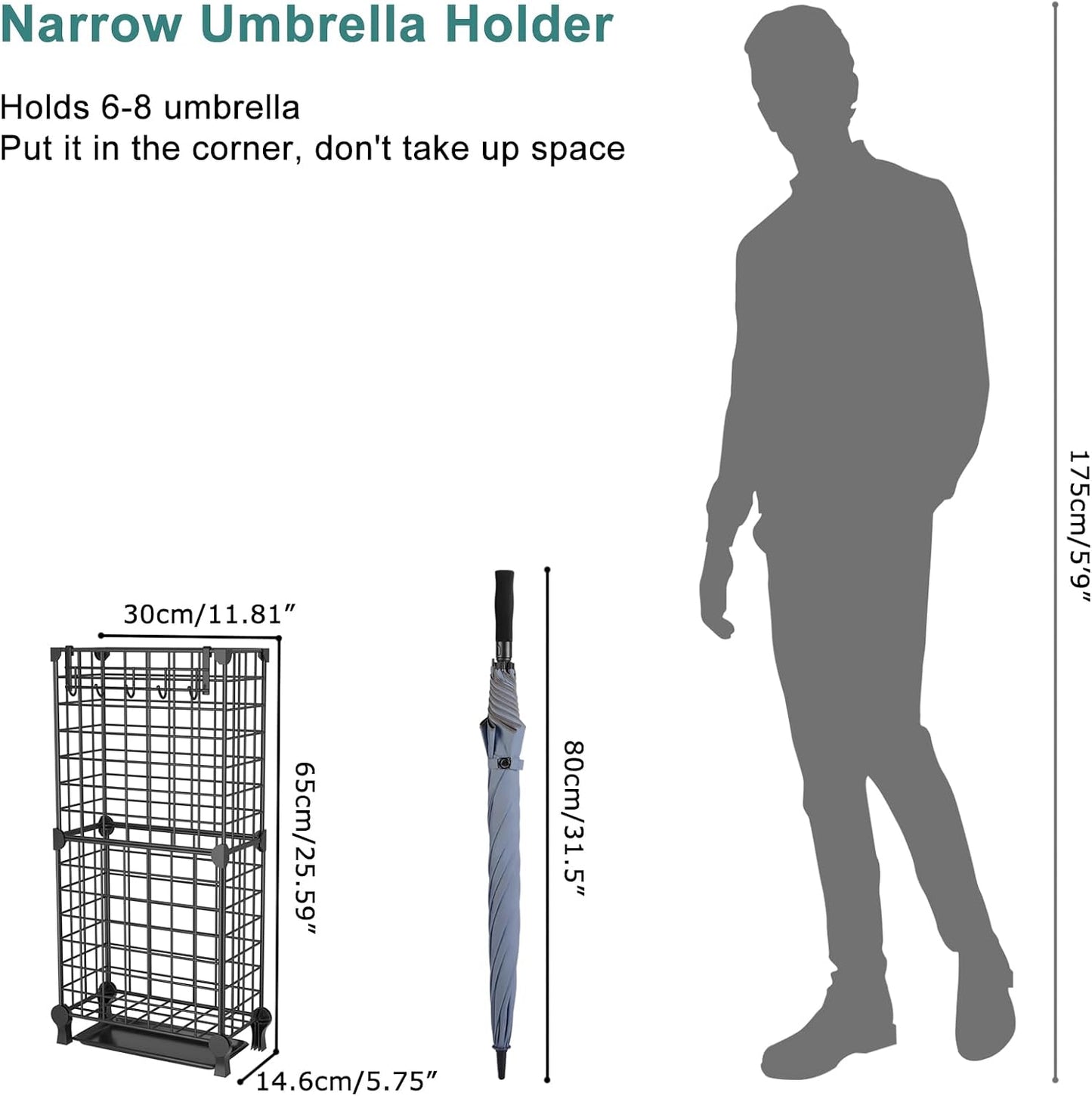 AWTATOS Umbrella Holder Entryway, Umbrella Stand Freestanding, Black | Metal Square Umbrella Rack Organizer with a Removable Drip Tray, Hooks