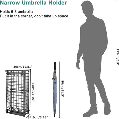 AWTATOS Umbrella Holder Entryway, Umbrella Stand Freestanding, Black | Metal Square Umbrella Rack Organizer with a Removable Drip Tray, Hooks
