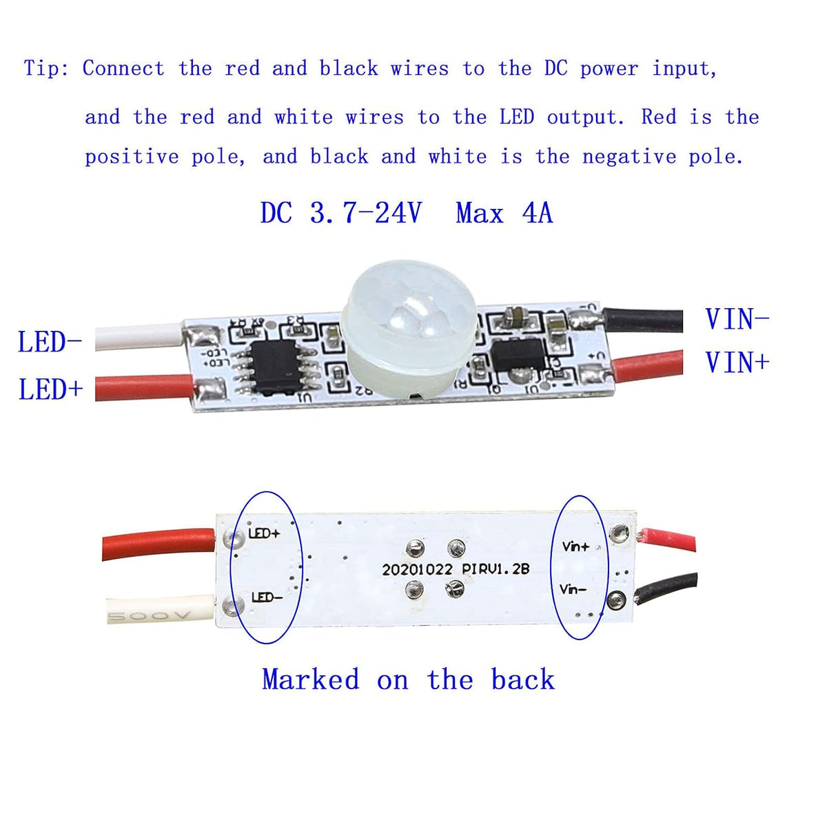 Motion Sensor Switch, DC 3.7v to 24V 4A PIR Motion Sensor for LED Lights, Mini Infrared Sensor Switch That can be Built into The Light bar or Box (1037）, 1037
