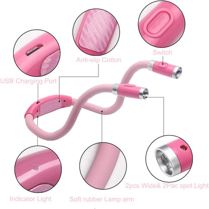 Rechargeable LED Neck Reading Light, Book Lights for Reading in Bed, 3 Brightness Levels, 2 Flexible Soft Silicone Arms Comfortable Wear, Long Lasting. Perfect for Bookworms, Craft & Knitting (Pink)