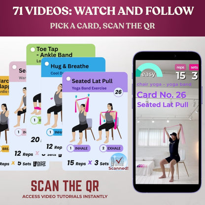 [All-in-One Kit] Chair Yoga for Seniors Over 60 | Cards + Bands + QR Videos | 71 Large Print Durable Cards • 6 Guided Flows • Build Mobility, Balance, Strength & Cardio • Gift for Parents & Grandparents