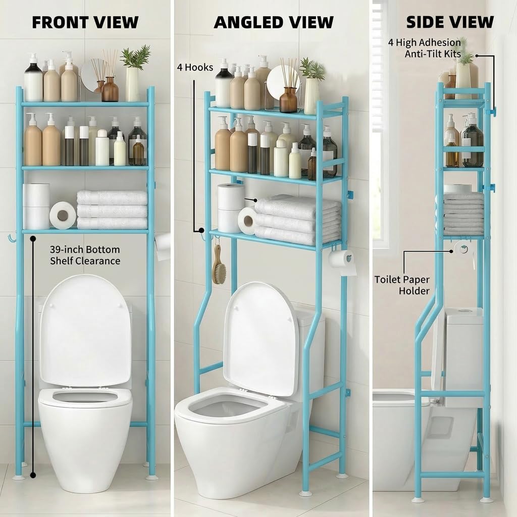 GloTika 3-Tier Over Toilet Storage, Anti-Tilt, 64" H, Black | Anti-Tilt Safety System, 150lb Capacity, Carbon Steel, Freestanding, No Drilling, Anti-Rust Coating, Paper Holder & 4 Hooks