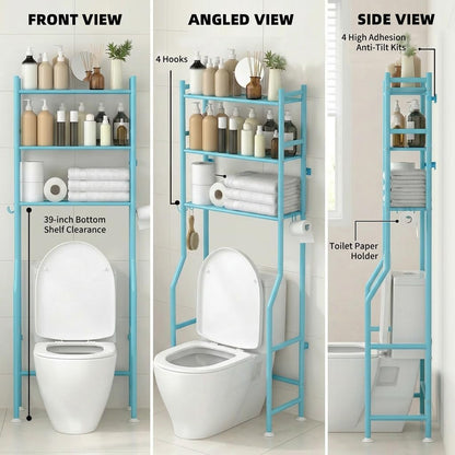 GloTika 3-Tier Over Toilet Storage, Anti-Tilt, 64" H, Black | Anti-Tilt Safety System, 150lb Capacity, Carbon Steel, Freestanding, No Drilling, Anti-Rust Coating, Paper Holder & 4 Hooks
