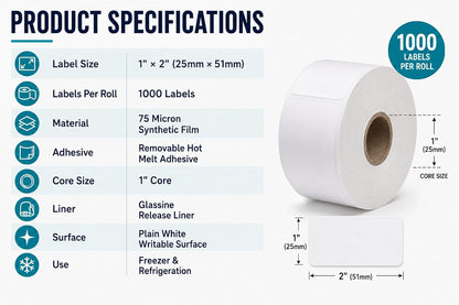 Veritack™ 1000 Removable Food Labels – 1" x 2" Roll on 1" Core – Moisture Resistant – Freezer & Refrigerator Safe – Writable Stickers for Restaurant, Meal Prep & Food Storage